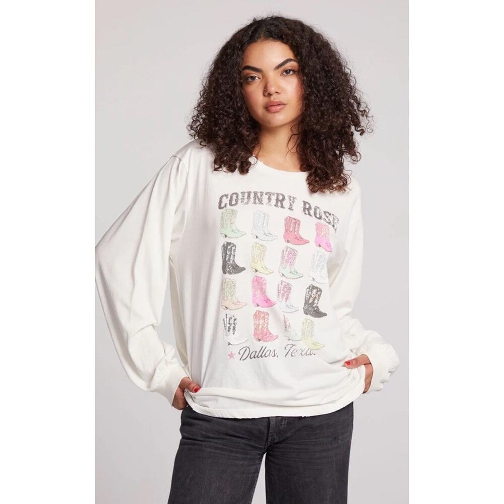 NEW Chaser Size Medium Cowboy Boots Long Sleeve Tee Off White Colorful Print